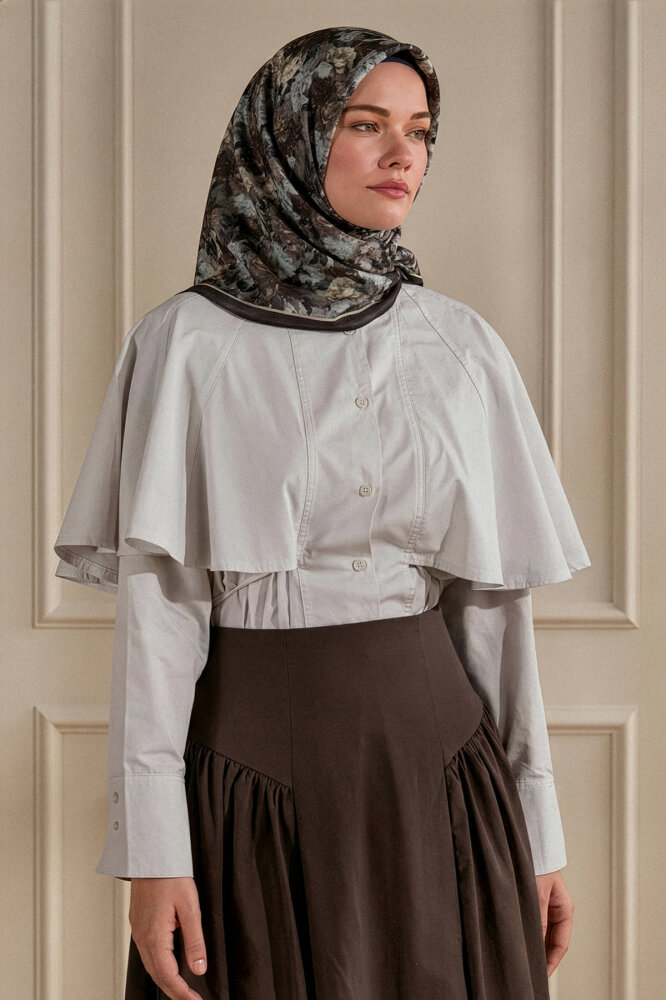 Acı Kahve Gece Çiçeği Desenli Müslin Eşarp - 1