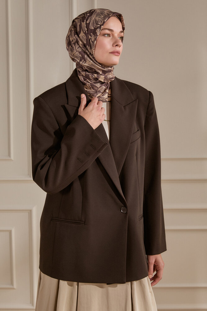 Acı Kahve Zambak Desen Natural Eşarp - 1