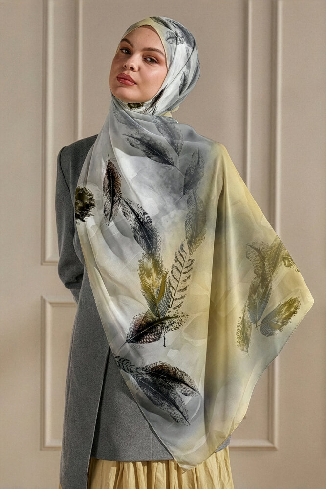 Altın Sarısı Kehribar Tüyü Desenli Fransız İpeği Şal - 1
