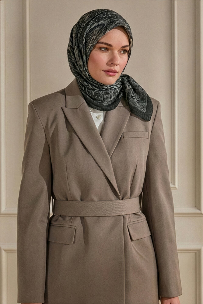 Antrasit Miras Desenli Müslin Eşarp - 1