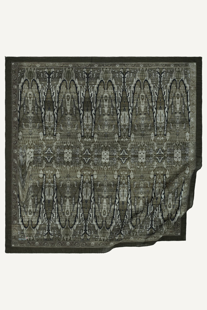 Asker Yeşili Miras Desenli Müslin Eşarp - 2