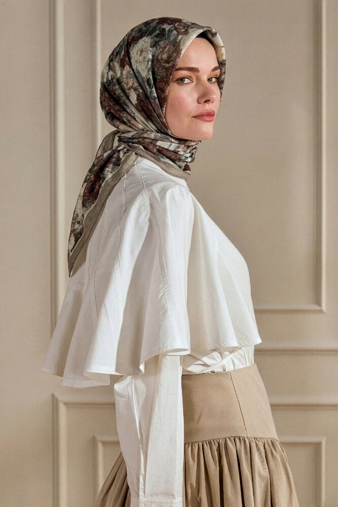Bej Gece Çiçeği Desenli Müslin Eşarp - 1