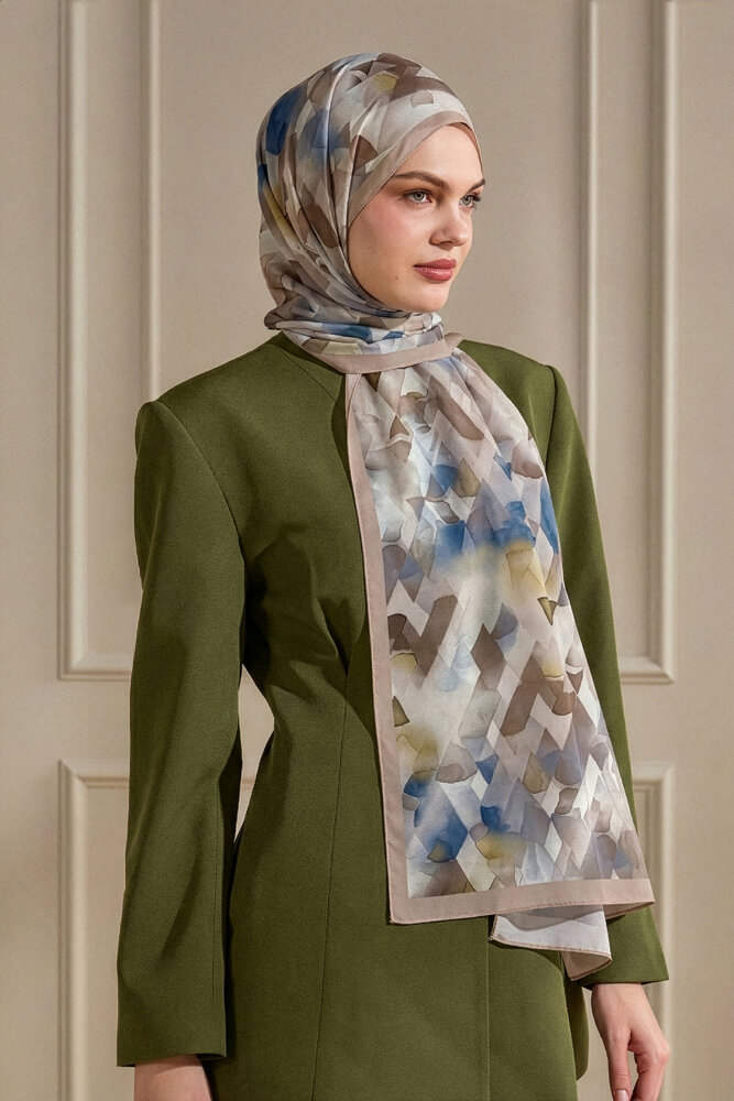 Bej Kristal Işıltı Desenli Fransız İpeği Şal - 1