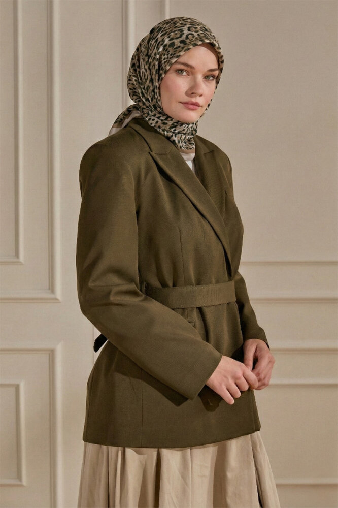 Bej Leopar Desenli Kraş Eşarp - 1