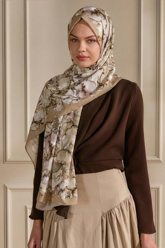 Bej Mermer Bulutu Desenli Fransız İpeği Şal - 1