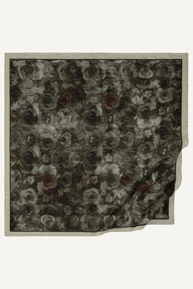 Bej Nostaljik Gül Desenli Müslin Eşarp - 2