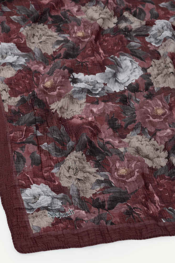 Bordo Gece Çiçeği Desenli Müslin Eşarp - 3