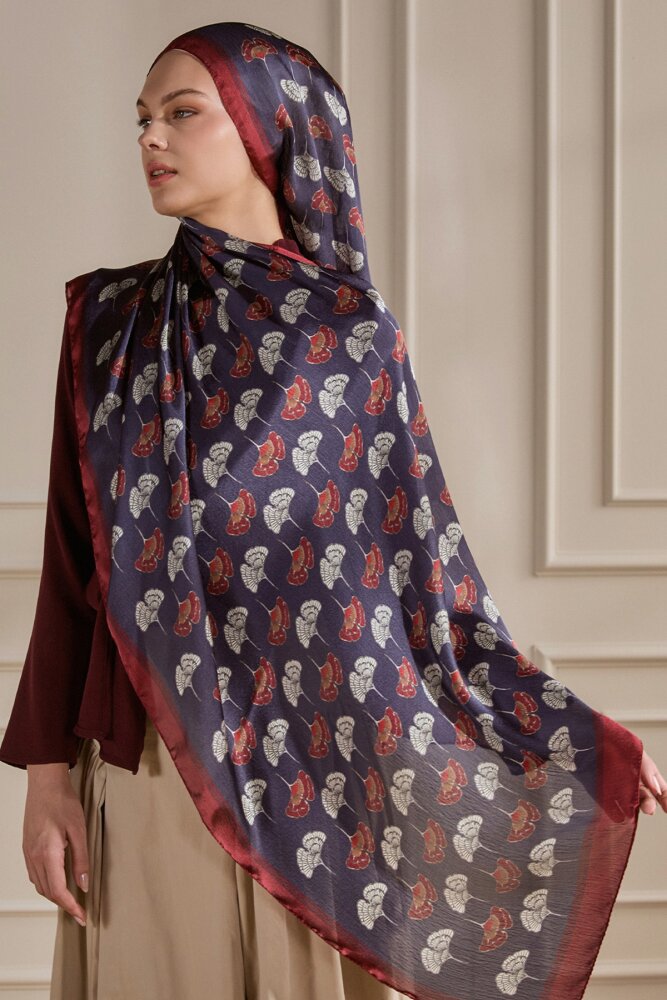 Bordo Mavi Yonca Desenli İdol Vual Şal - 1