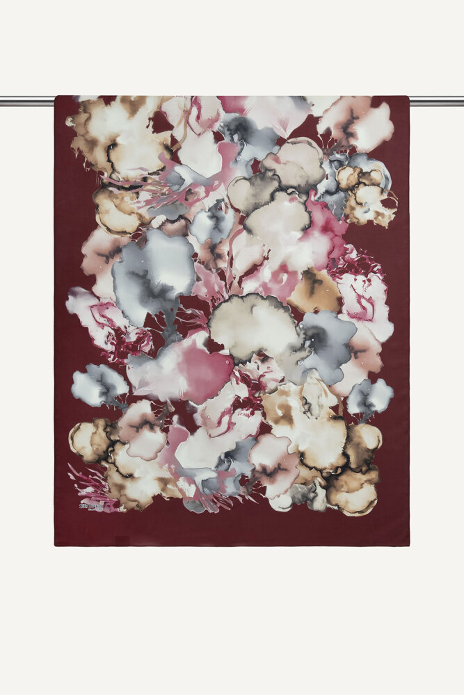 Bordo Mermer Bulutu Desenli Fransız İpeği Şal - 2