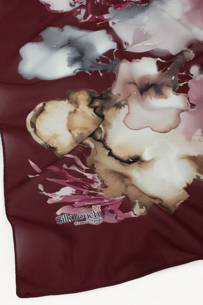 Bordo Mermer Bulutu Desenli Fransız İpeği Şal - 3