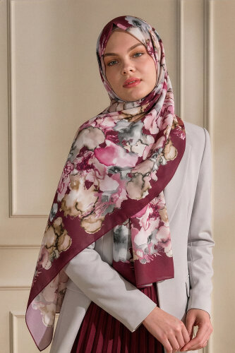 Bordo Mermer Bulutu Desenli Fransız İpeği Şal