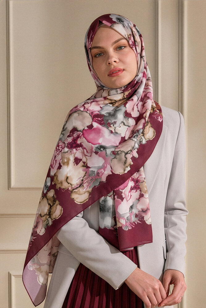 Bordo Mermer Bulutu Desenli Fransız İpeği Şal - 1