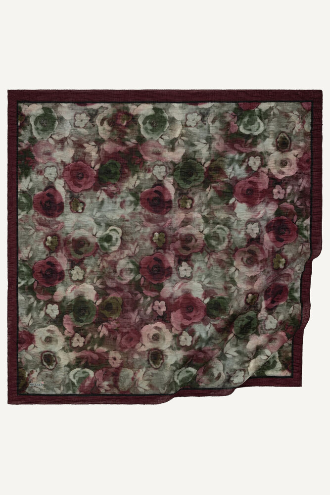 Bordo Nostaljik Gül Desenli Müslin Eşarp - 2