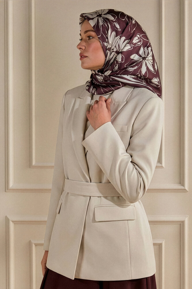 Bordo Şakayık Desen Kristal Eşarp - 1