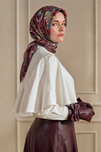 Bordo Vintage Flora Desen Kraş Eşarp