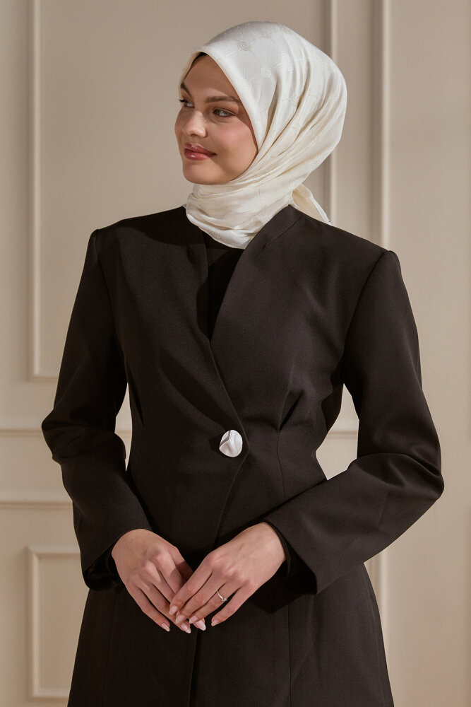 Ekru Monogram Desen Mercan Eşarp - 1