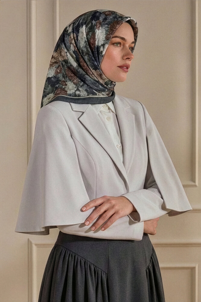 Füme Gece Çiçeği Desenli Müslin Eşarp - 1