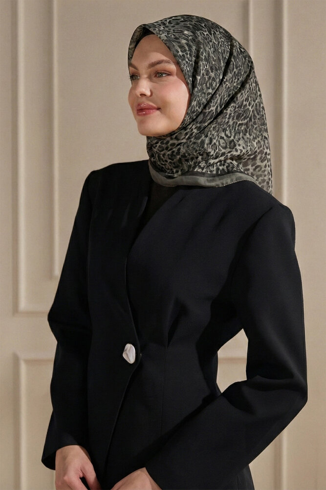 Füme Leopar Desenli Kraş Eşarp - 1