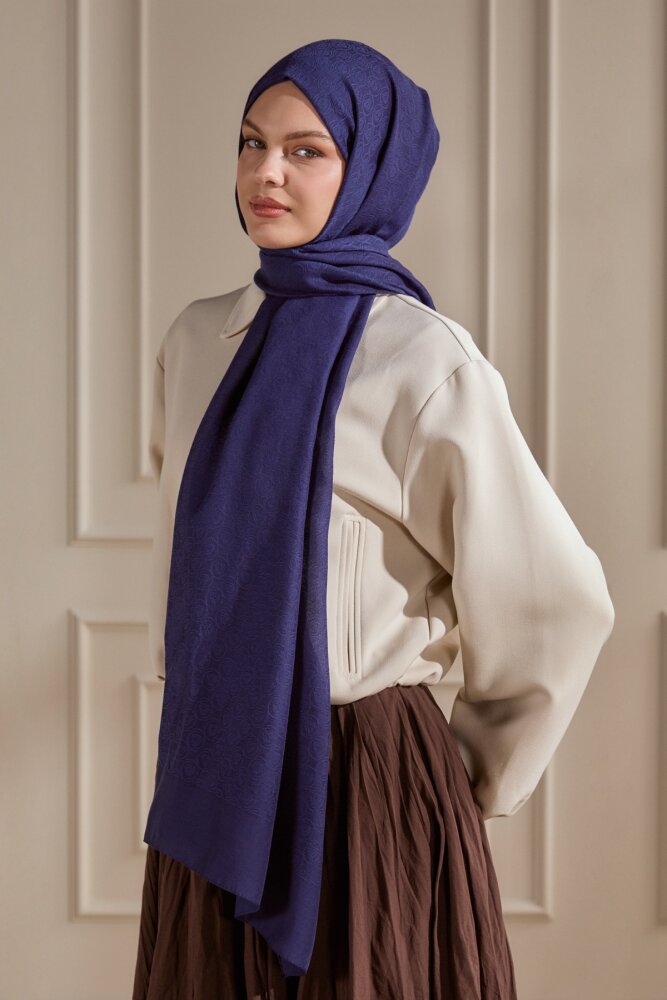 Gece Mavisi Piramit Monogram Desen Mercan Şal - 1