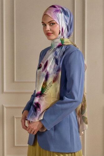 Gold Kehribar Tüyü Desenli Fransız İpeği Şal