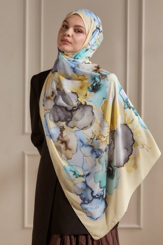 Gold Mermer Bulutu Desenli Fransız İpeği Şal