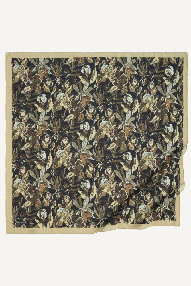 Gold-Siyah Vintage Flora Desen Kraş Eşarp - 2