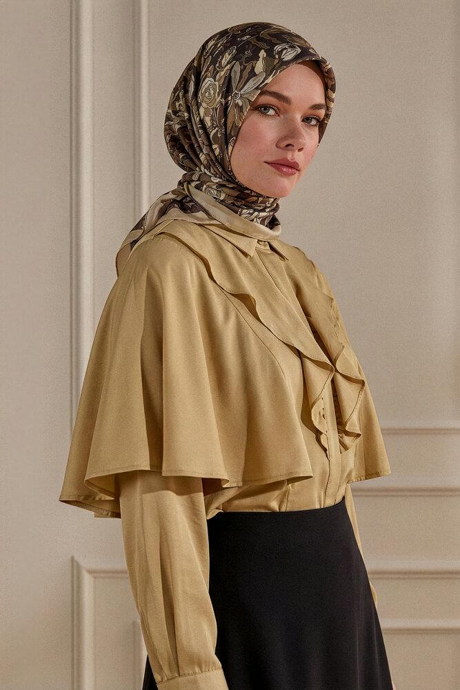 Gold-Siyah Vintage Flora Desen Kraş Eşarp - 1