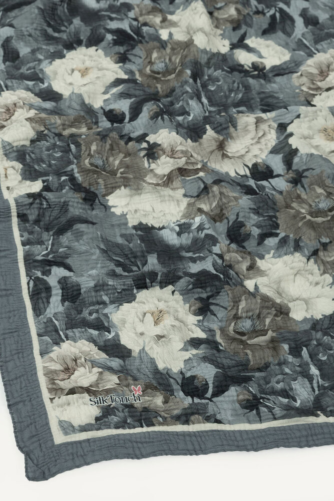 Gri Gece Çiçeği Desenli Müslin Eşarp - 3