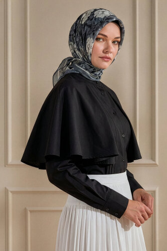 Gri Gece Çiçeği Desenli Müslin Eşarp