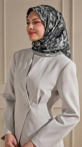 Gri-Lacivert Vintage Flora Desen Kraş Eşarp