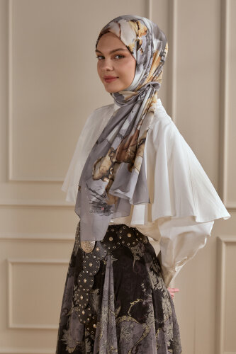 Gri Mermer Bulutu Desenli Fransız İpeği Şal 