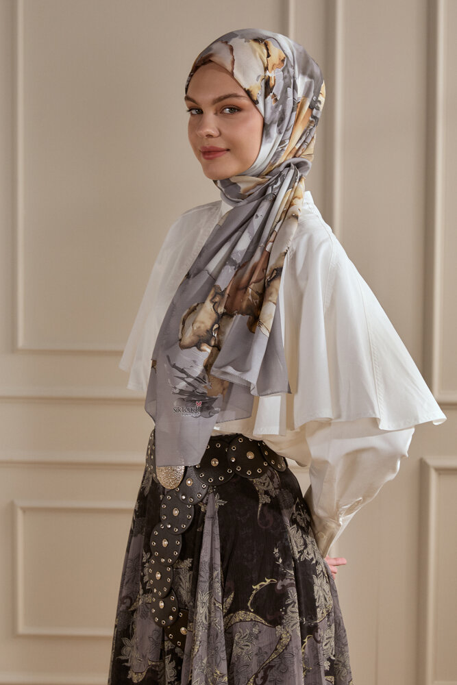 Gri Mermer Bulutu Desenli Fransız İpeği Şal - 1