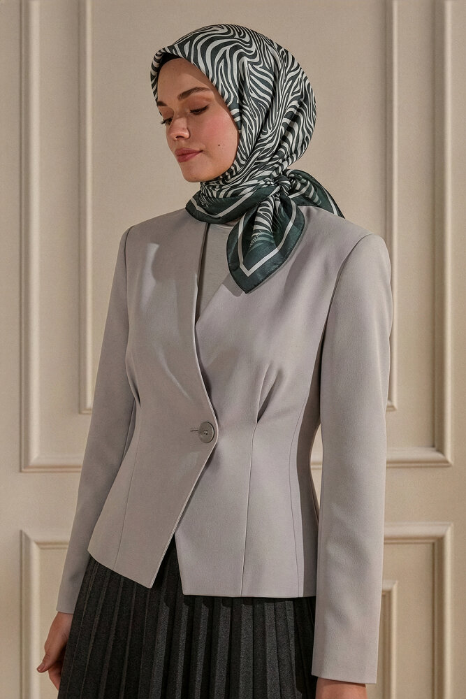 Gri Zebra Desen Kristal Eşarp - 1