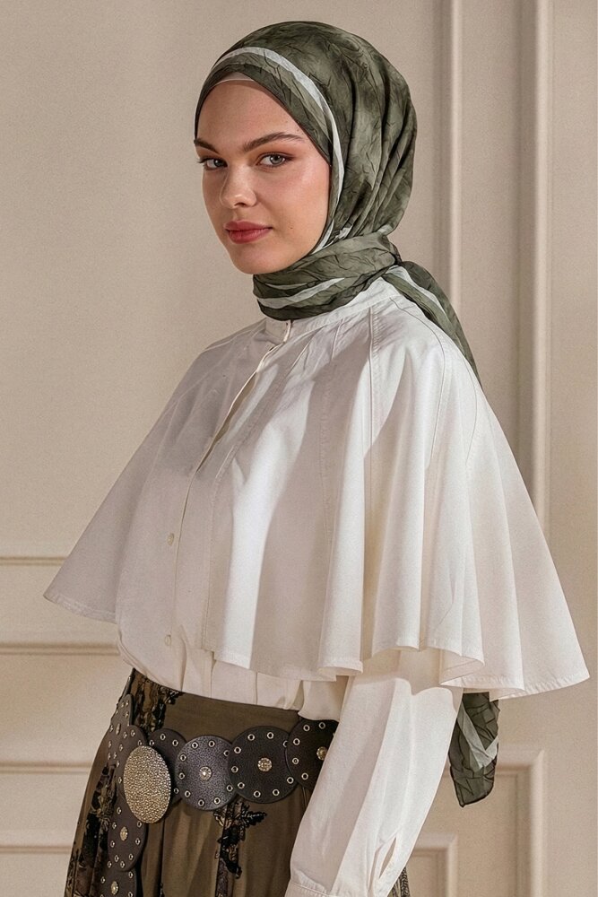 Haki Bulut Desenli Kraş Şal - 1