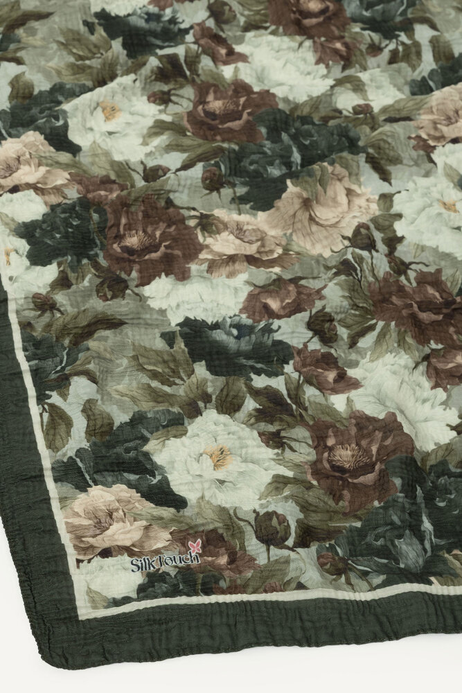 Haki Gece Çiçeği Desenli Müslin Eşarp - 3