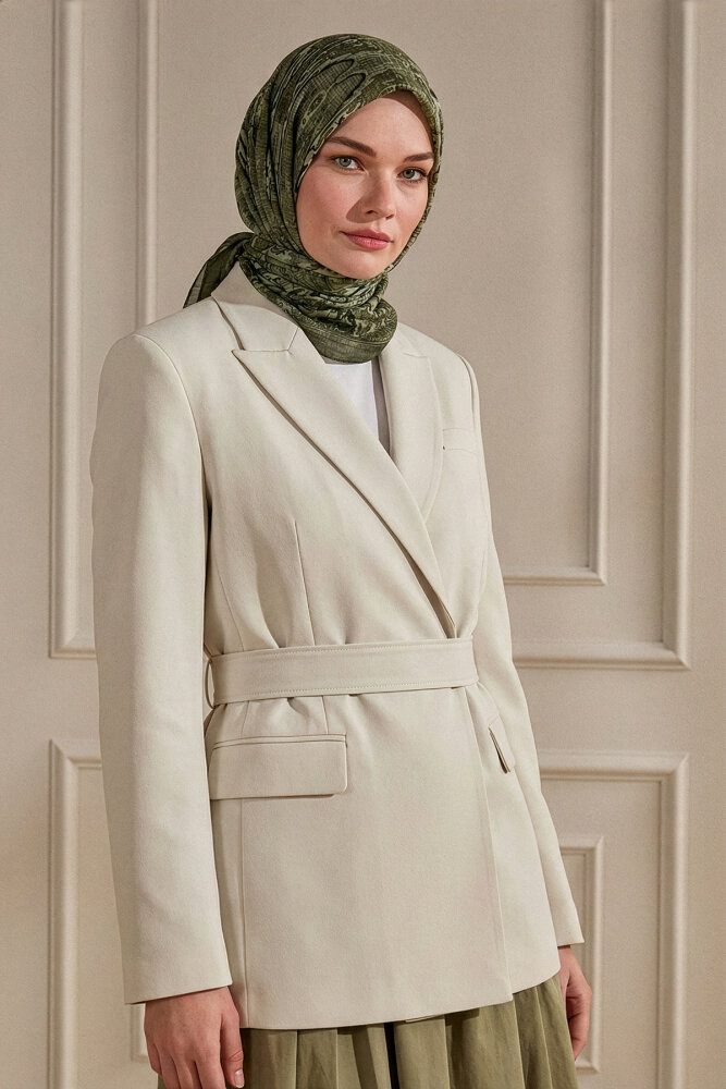 Haki Miras Desenli Müslin Eşarp - 1