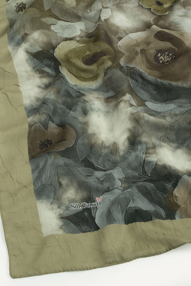 Haki Suluboya Gül Desenli Kraş Şal - 2