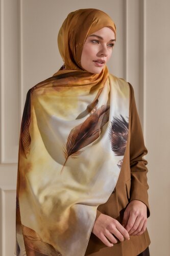 Hardal Kehribar Tüyü Desenli Fransız İpeği Şal