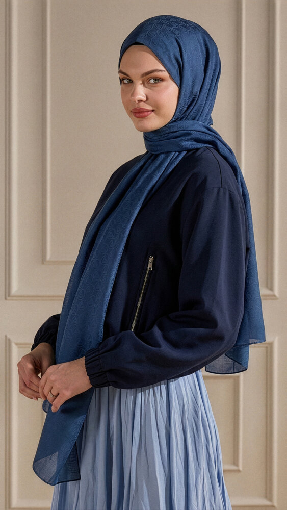 İndigo Piramit Monogram Desen Mercan Şal - 1