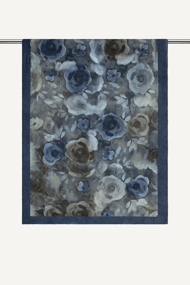 İndigo Suluboya Gül Desenli Kraş Şal - 1