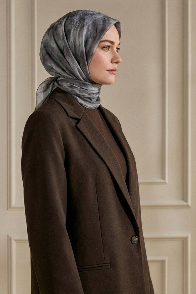 Kahve Bulut Desen Kraş Eşarp - 1