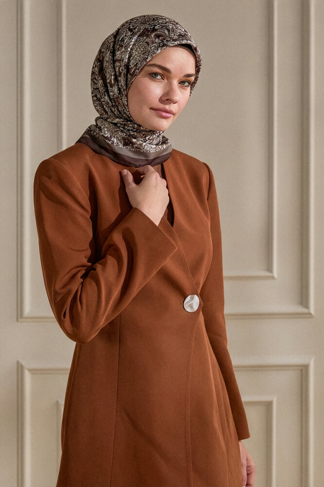 Kahve Etnik Desen Kristal Eşarp - 1