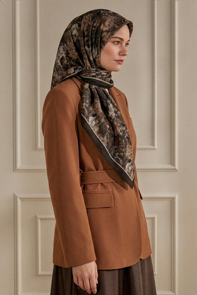 Kahve  Gece Çiçeği Desenli Müslin Eşarp - 1