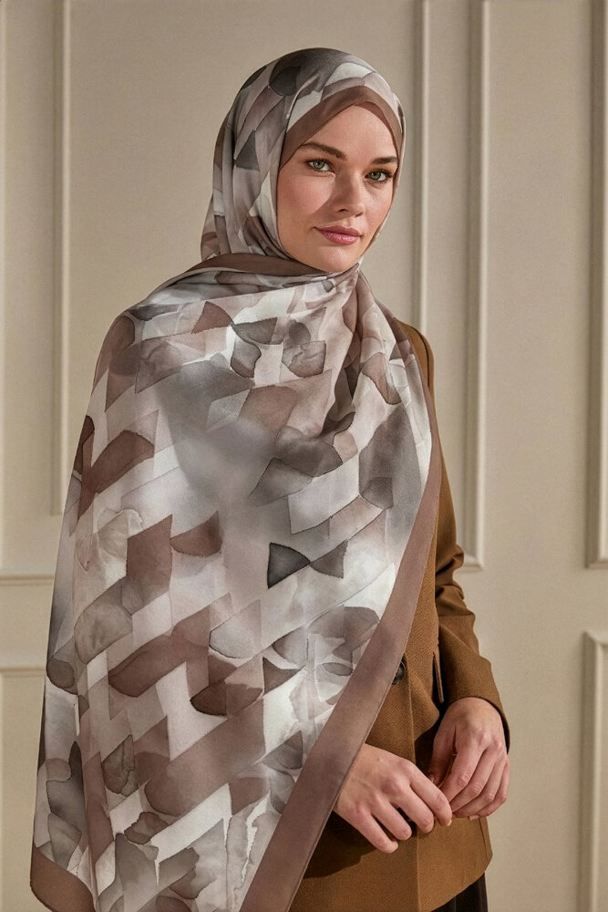 Kahve Kristal Işıltı Desenli Fransız İpeği Şal - 1