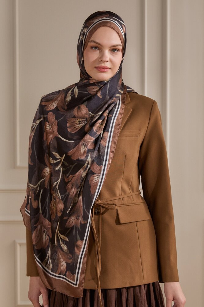 Kahve Lale Desenli İdol Vual Şal - 1
