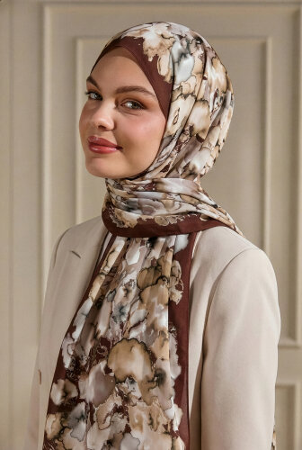 Kahve Mermer Bulutu Desenli Fransız İpeği Şal