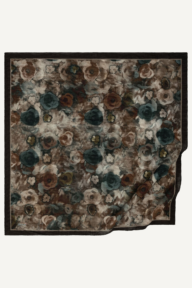 Kahve  Nostaljik Gül Desenli Müslin Eşarp - 2