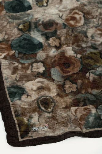 Kahve  Nostaljik Gül Desenli Müslin Eşarp - 3