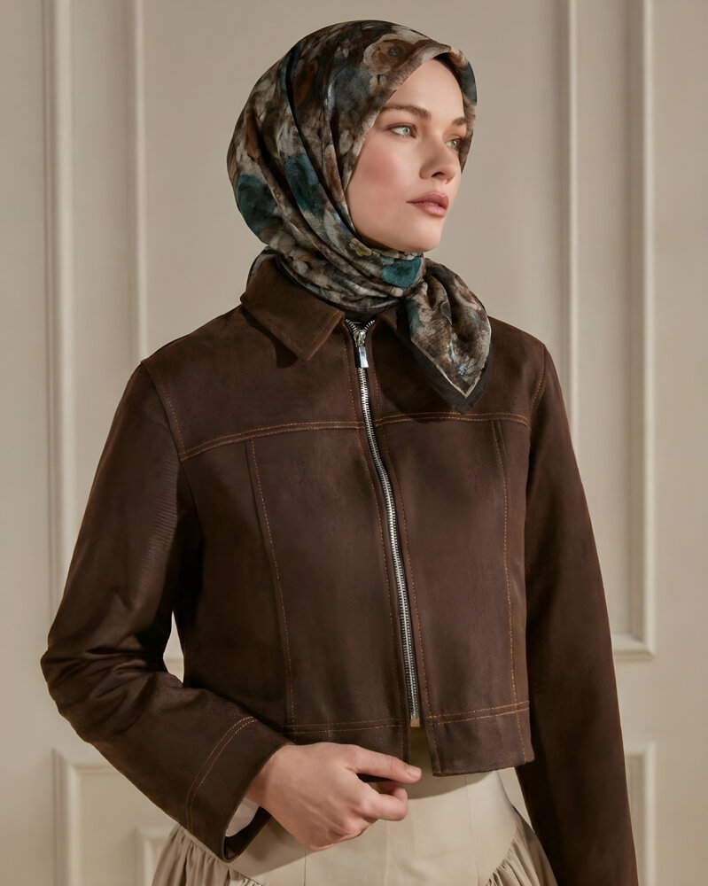 Kahve  Nostaljik Gül Desenli Müslin Eşarp - 1