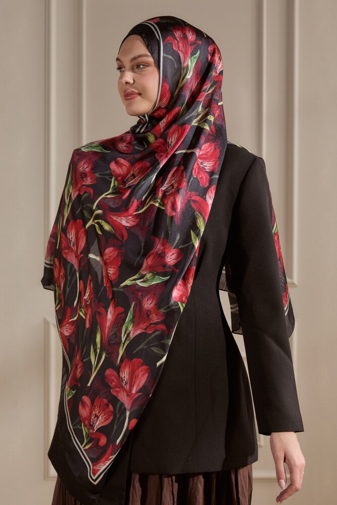 Kırmızı Lale Desenli İdol Vual Şal - 1
